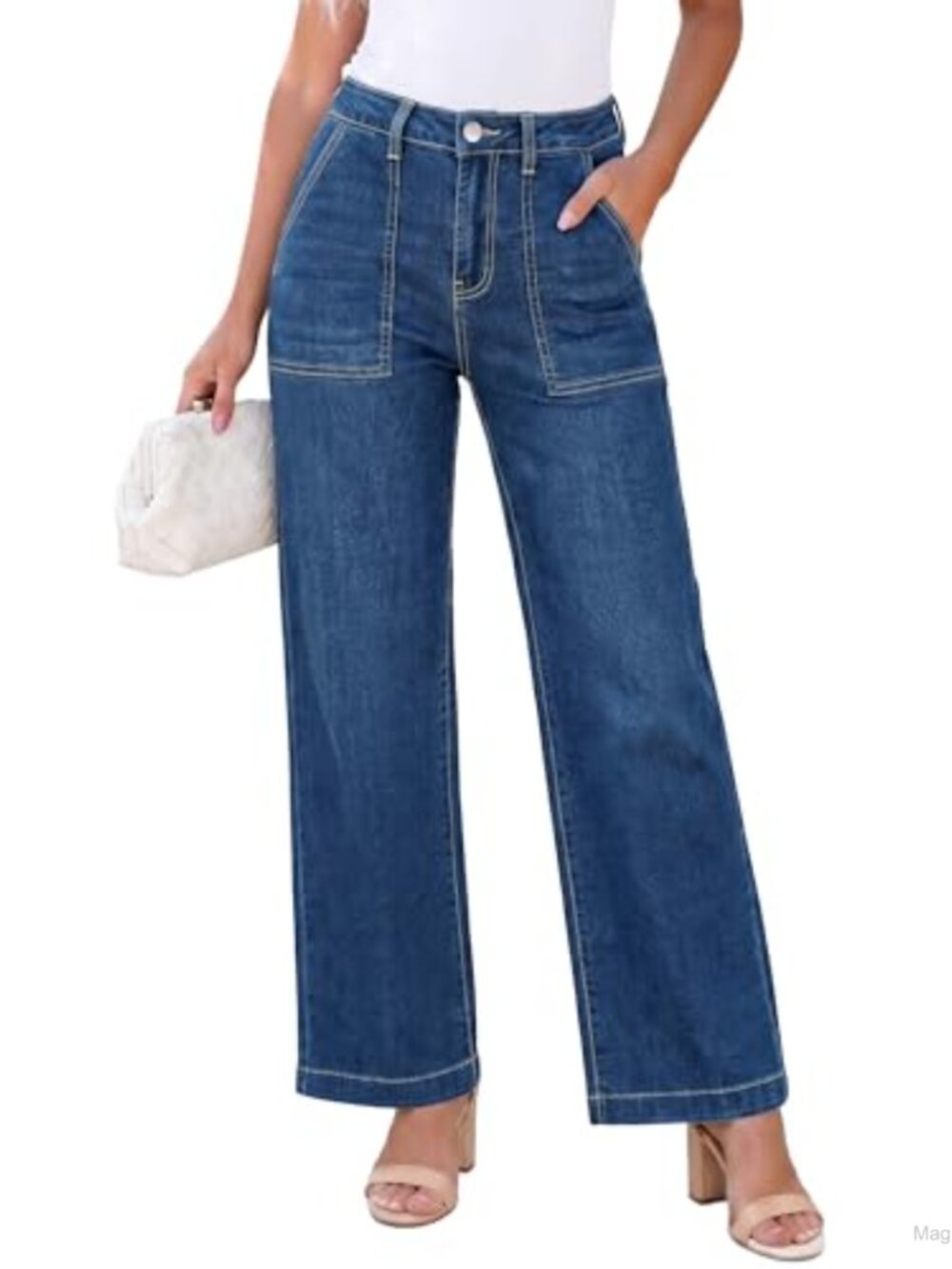 High Waisted Wide Leg Stretch Denim Jeans Women's Retro Patch Pocket Trousers